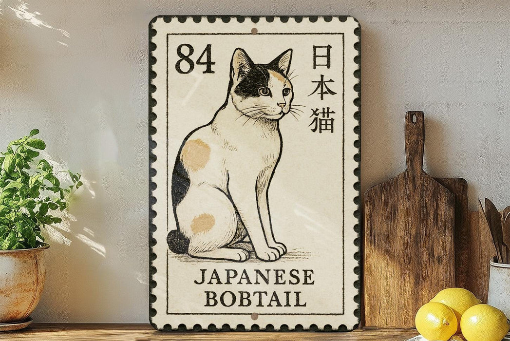 a Japanese bobtail cat depicted on a postage stamp-like frame, placed on a wooden surface next to a wooden cutting board and some lemons.