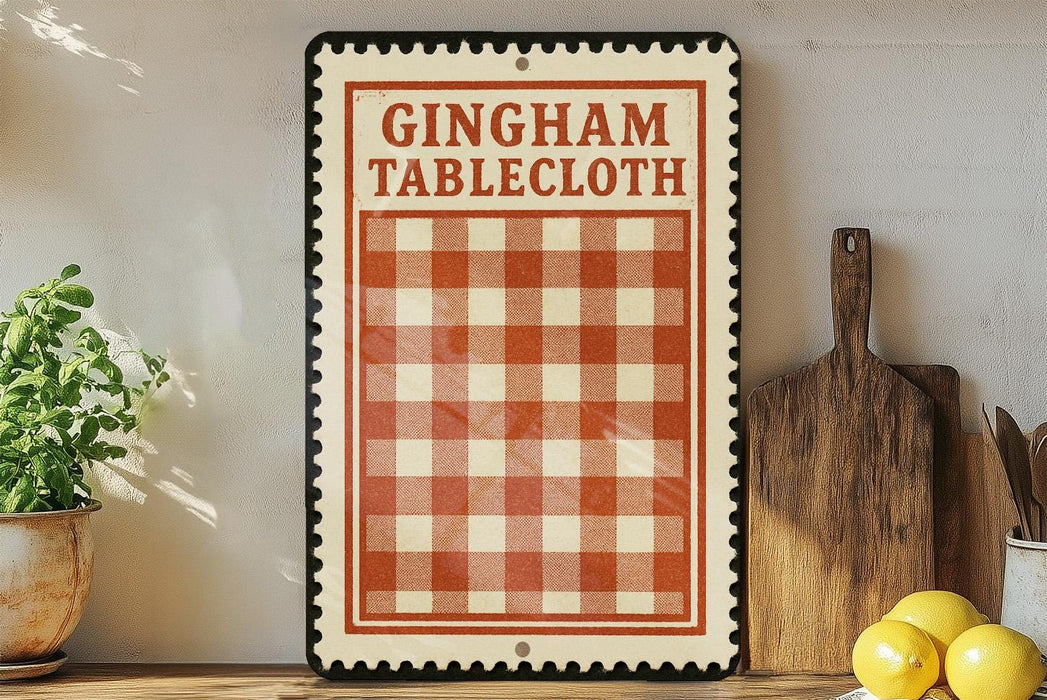 A vintage-style sign for "Gingham Tablecloth" is displayed on a shelf, accompanied by a wooden cutting board, a potted plant, and some lemons.