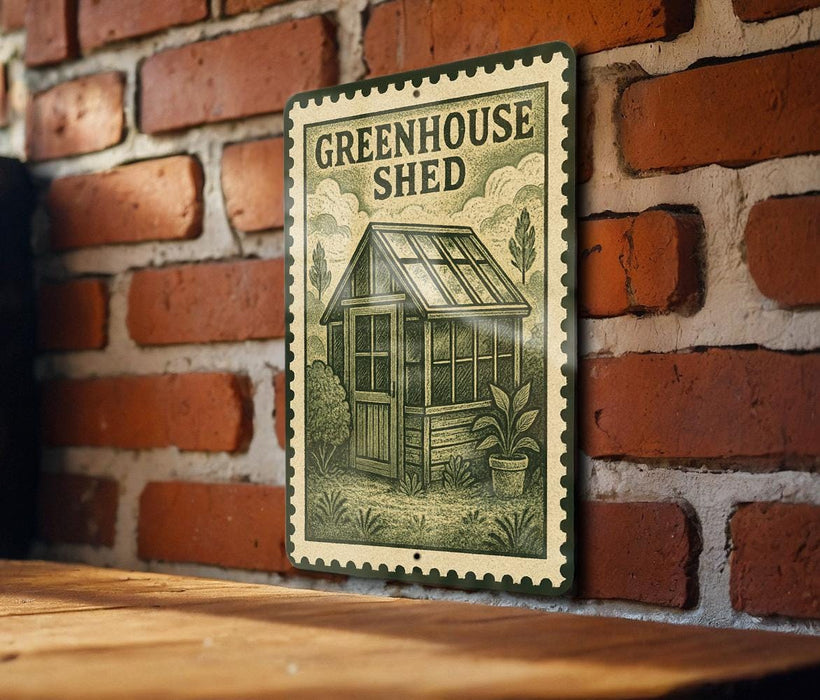 A metal sign with a green border and a drawing of a greenhouse is mounted on a brick wall.