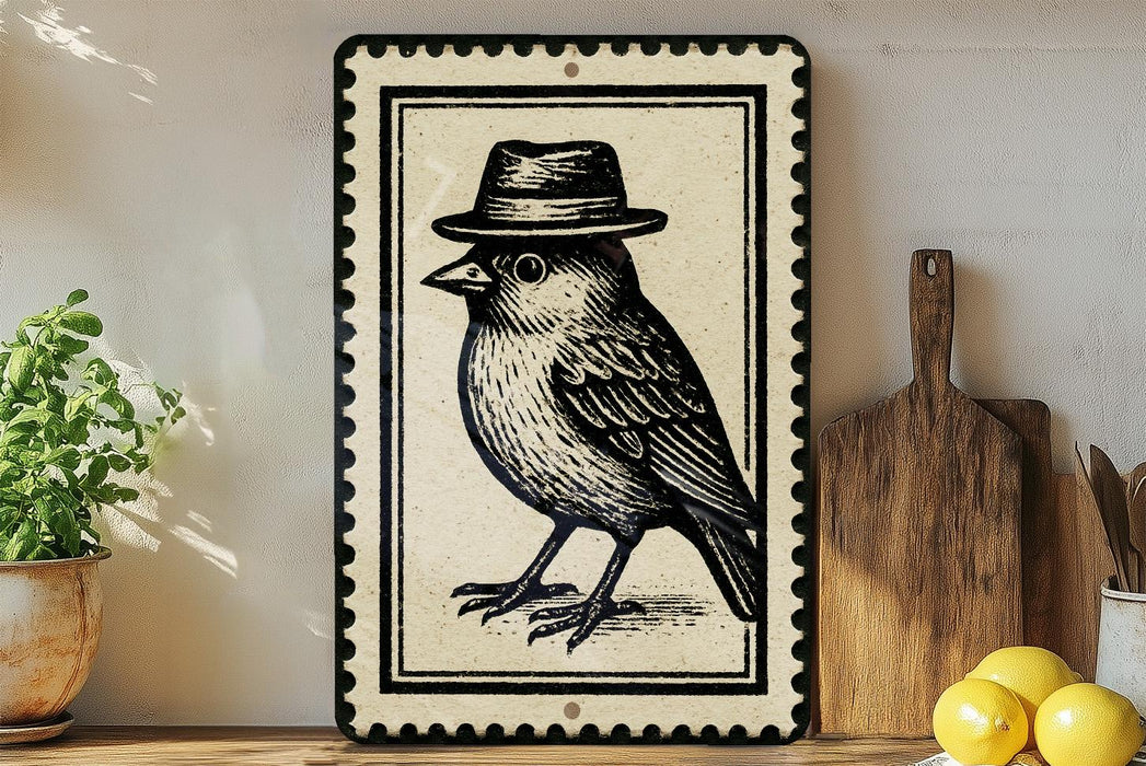 a decorative bird wearing a hat, displayed on a shelf alongside other kitchen items such as a cutting board and a potted plant.
