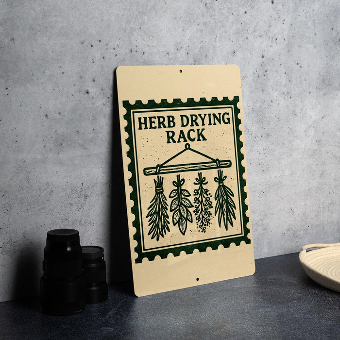 a sign with the text "Herb Drying Rack" and illustrations of dried herbs hanging from a rack.