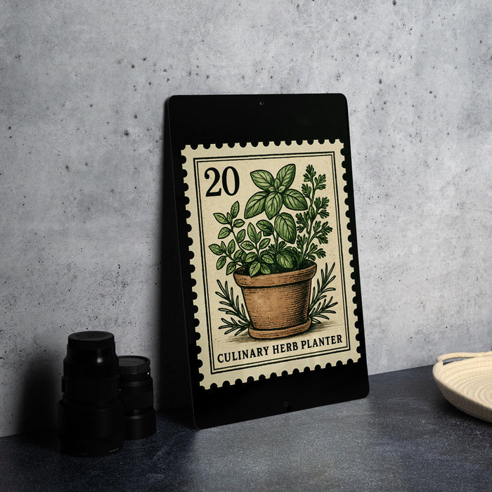 A black metal frame displaying a postage stamp-style illustration of a potted herb plant on a kitchen countertop.