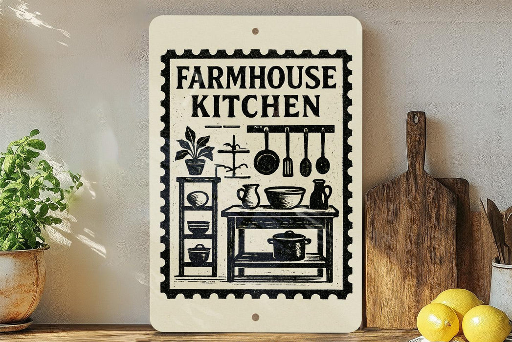 a sign that reads "Farmhouse Kitchen" with various kitchen items such as pots, pans, and utensils depicted on it. The sign is displayed on a wall next to a wooden cutting board and a potted plant.