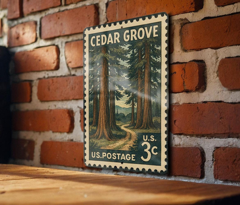 A vintage-style U.S. postage stamp depicting a scenic forest scene with tall trees and a winding path, mounted on a brick wall.