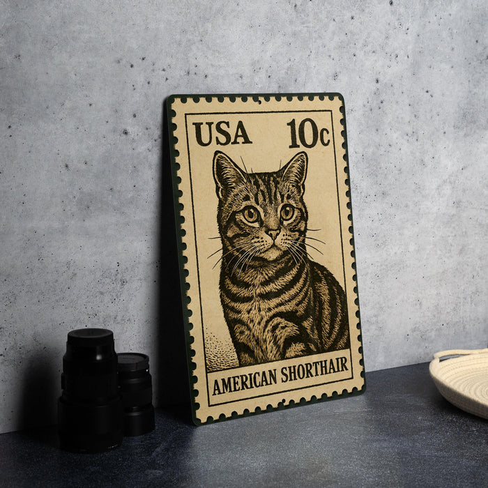 A US 10¢ postage stamp featuring an illustration of an American Shorthair cat.