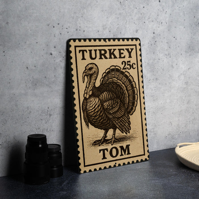A wooden postcard featuring a turkey stamp with the text "TURKEY 25c TOM" printed on it, placed on a table next to some black camera lenses.