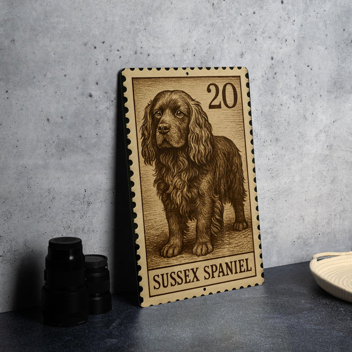A metal stamp featuring a detailed illustration of a brown and black dog, specifically a Sussex Spaniel, with the number 20 printed on it.