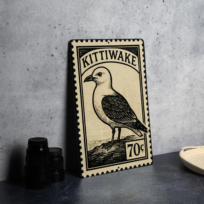 A metal stamp with a bird illustration and text, placed on a table next to some black camera lenses.