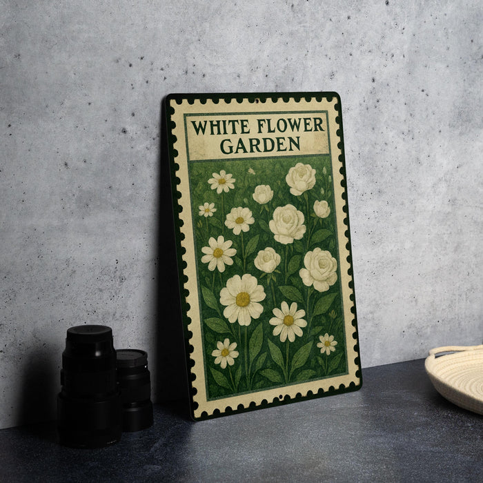 A metal sign with a floral design, placed on a table next to some black objects.
