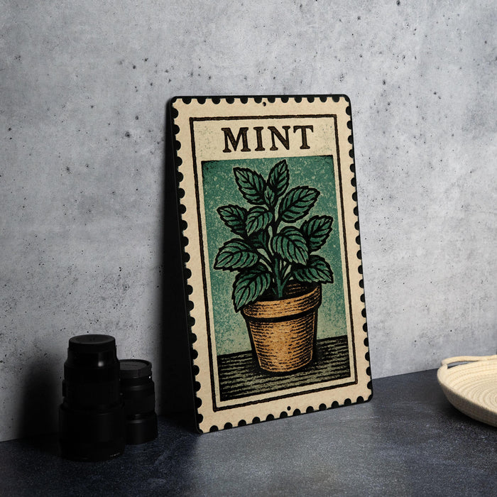 A framed illustration of a mint plant in a pot is displayed on a gray wall, accompanied by a stack of black camera lenses and a white dish.