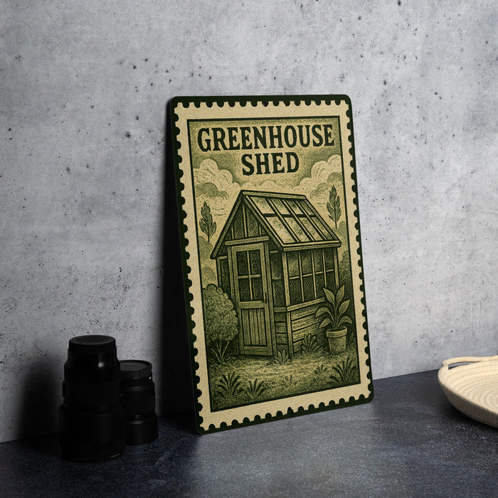 A framed illustration of a greenhouse with the text "GREENHOUSE SHED" on it, placed on a table next to some black camera lenses.