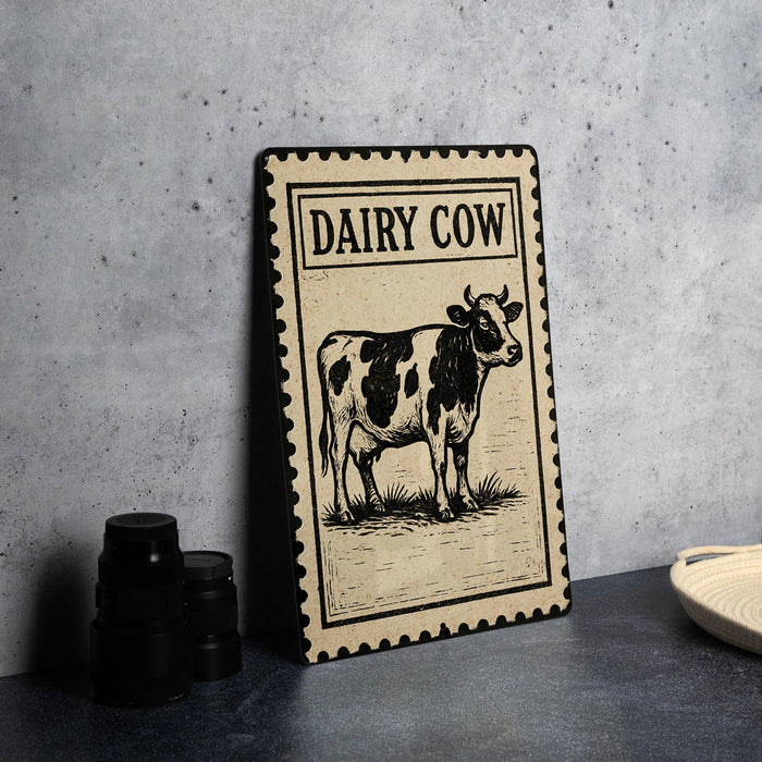 a framed illustration of a cow, with the text "DAIRY COW" prominently displayed on the frame.