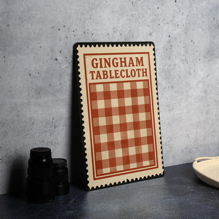 A framed sign with the text "GINGHAM TABLECLOTH" is displayed on a table, accompanied by a stack of black containers and a woven basket.