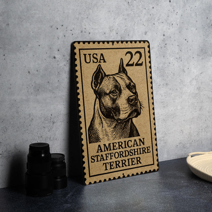 A wooden postcard featuring an illustration of an American Staffordshire Terrier dog, with the text "USA 22" printed on it.