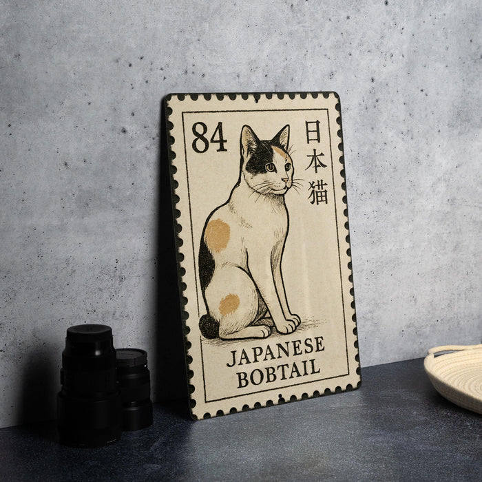 A metal stamp featuring a Japanese bobtail cat, with the text "84" and "JAPANESE BOBT tail" printed on it.