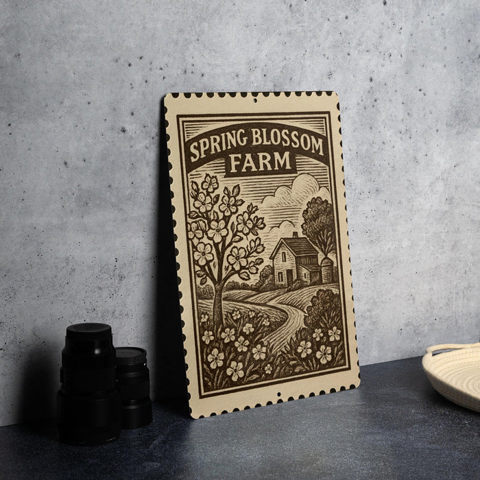 a wooden sign with a vintage design, depicting a farm scene with a house, trees, and flowers.
