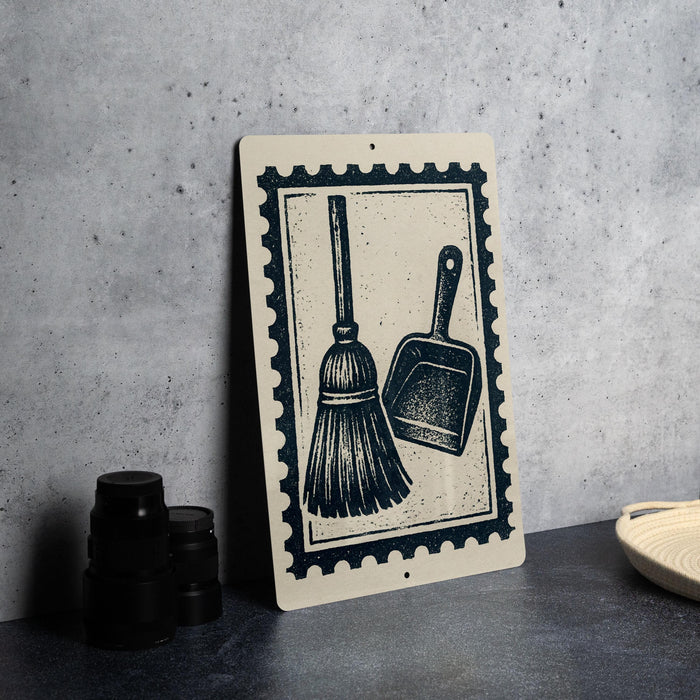 a metal sign with a black and white illustration of a broom and dustpan, placed on a gray countertop next to some black camera lenses.