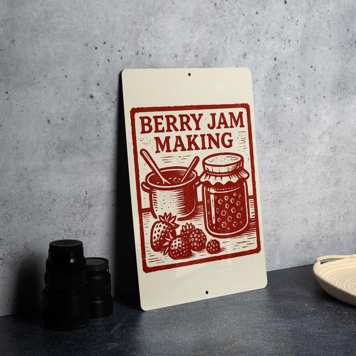 A sign for berry jam making, featuring a jar of jam and strawberries, is displayed on a countertop next to some black containers.