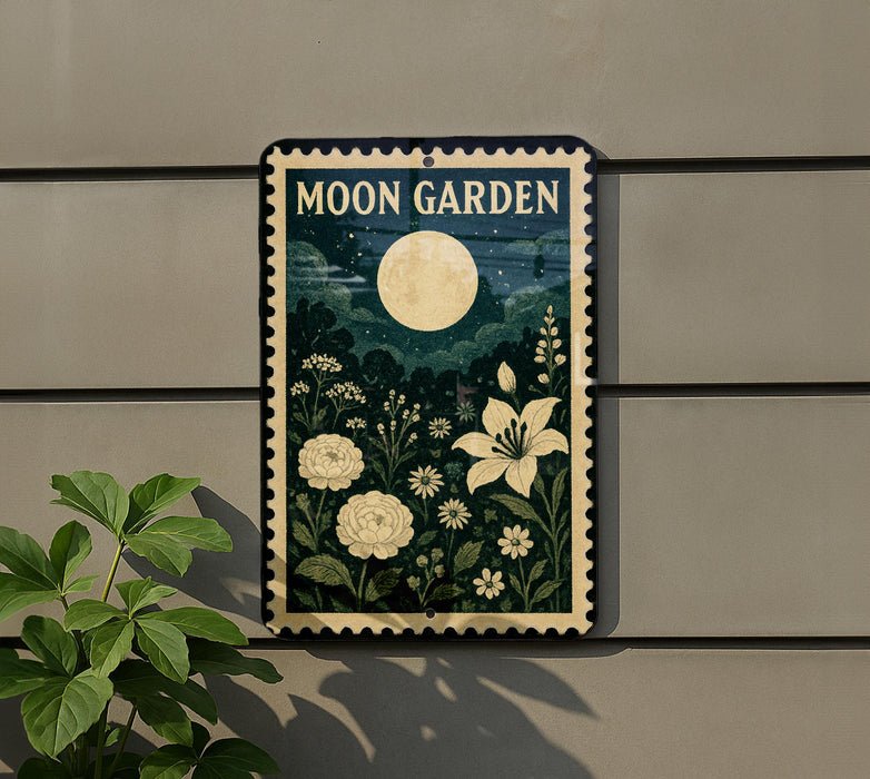a sign for a "Moon Garden" with a night sky and flowers, mounted on a wall next to a plant.