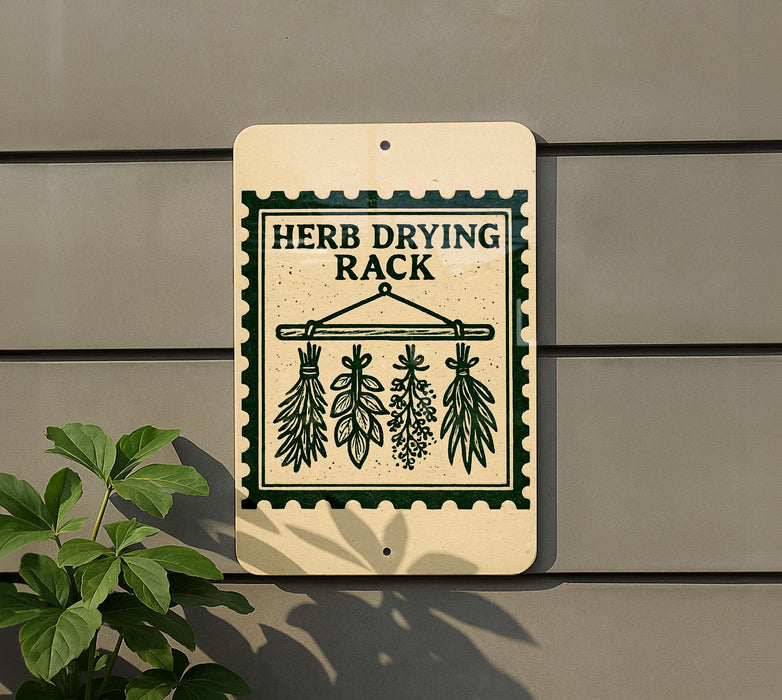 a sign that reads "Herb Drying Rack" with illustrations of dried herbs hanging from a rack.