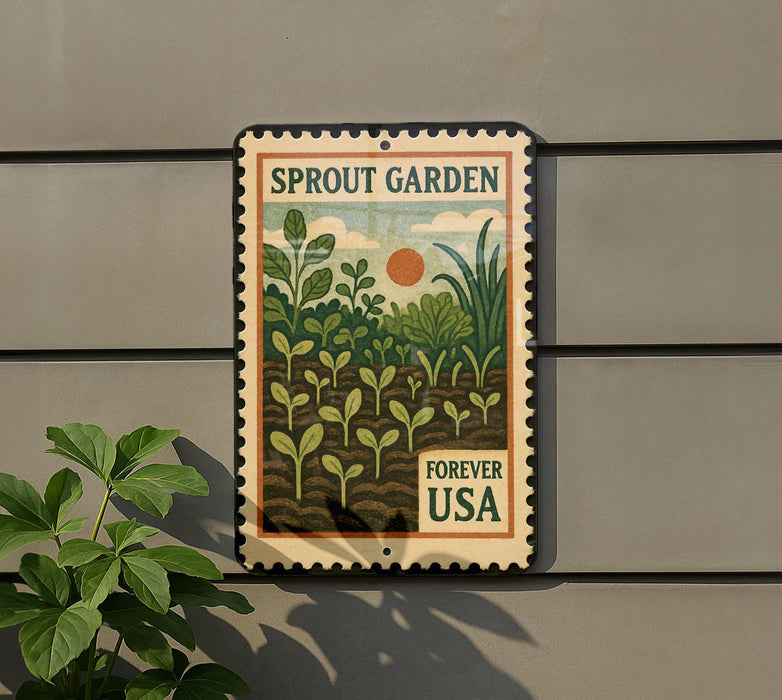 A vintage-style stamp-like sign with a garden scene and the text "SPROUT GARDEN" and "FREVER USA" displayed on a wall.