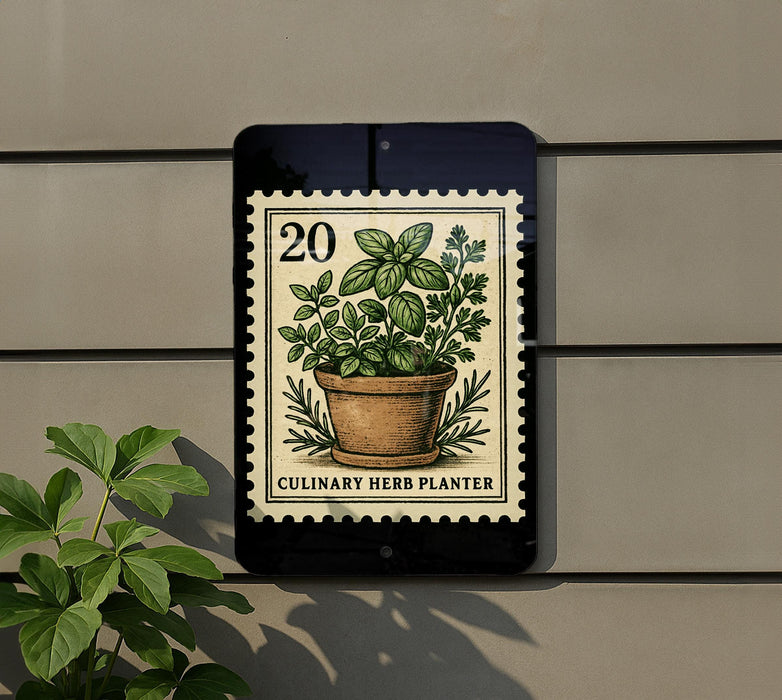 A potted plant with green leaves and a basil plant is displayed on a wall, with a 20-cent stamp featuring a culinary herb planter in the background.