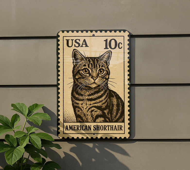 A 10cent US postage stamp featuring an illustration of an American Shorthair cat.