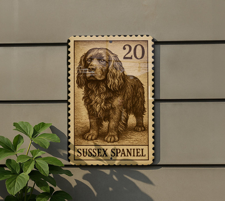 A wooden sign featuring a detailed illustration of a brown curly-haired dog, with the text "SUSSEX SPANIEL" below it.