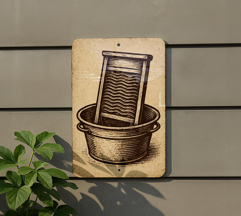 a sign with a picture of a washing machine or laundry basket on it, mounted on a wall.