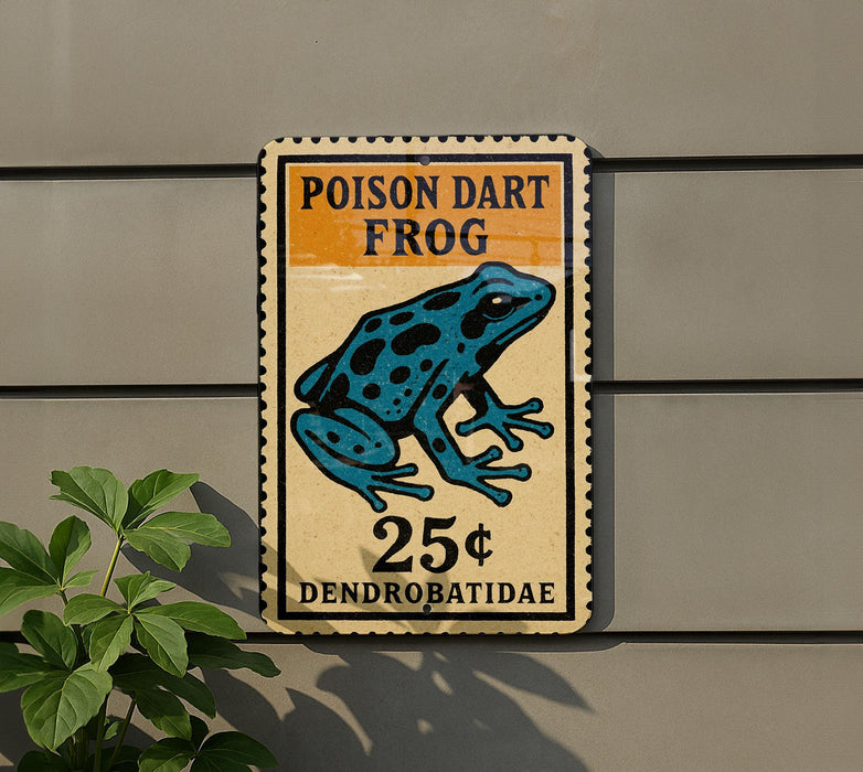 A sign advertising a Poison Dart Frog for 25 cents, featuring a blue and black illustration of the frog.