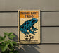 A sign advertising a Poison Dart Frog for 25 cents, featuring a blue and black illustration of the frog.