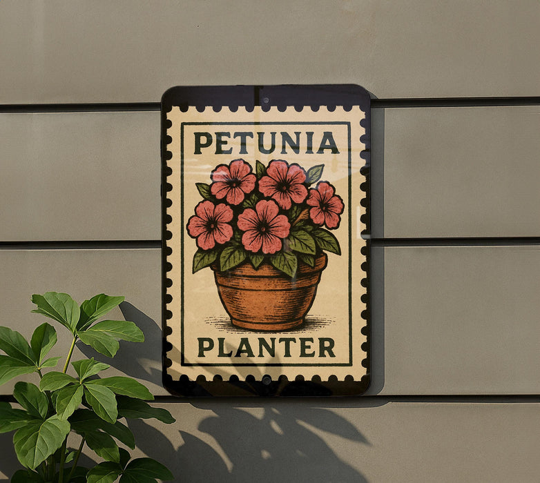 A sign with a potted plant and the text "PETUNIA PLANTER" is displayed on a wall, with a plant visible to the left.