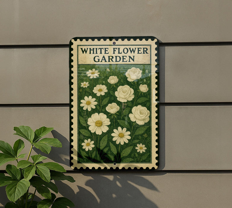 a sign for a white flower garden, with a green border and white flowers depicted on the sign.