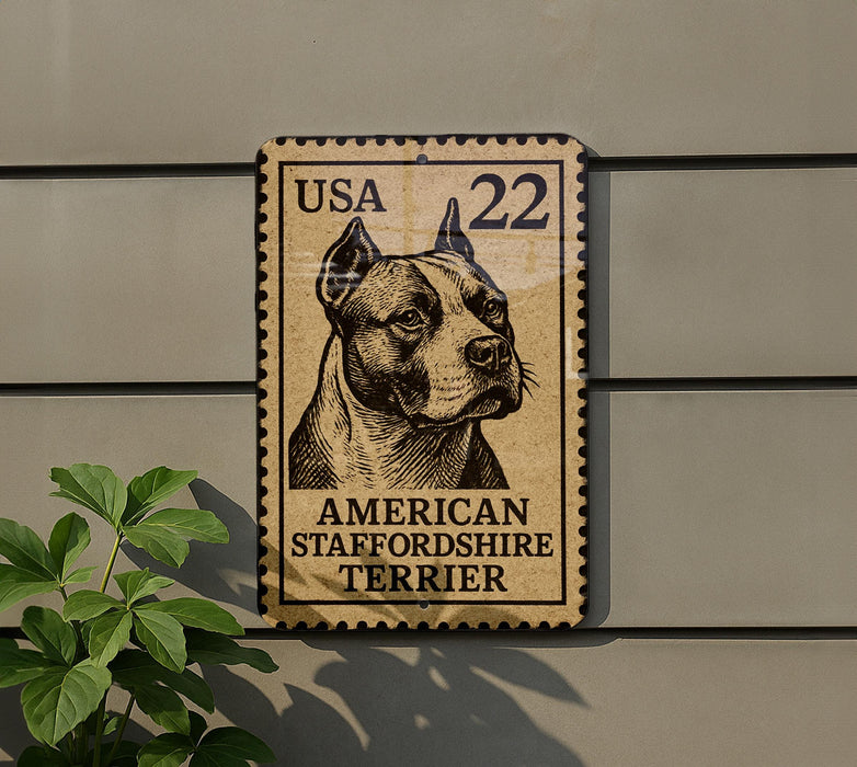 A metal sign featuring a portrait of an American Staffordshire Terrier dog, mounted on a wall.