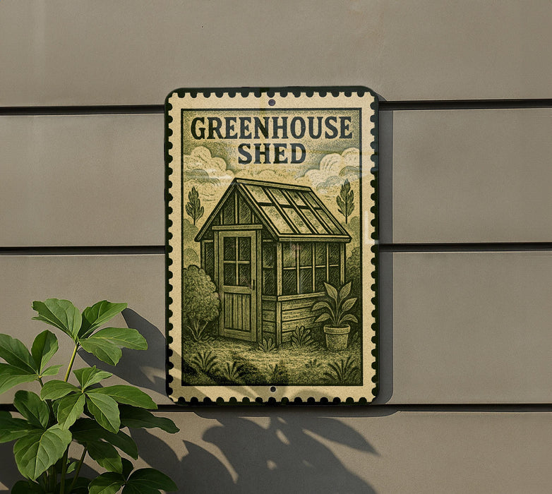 A metal sign with a picture of a greenhouse on it, mounted on a wall next to a plant.
