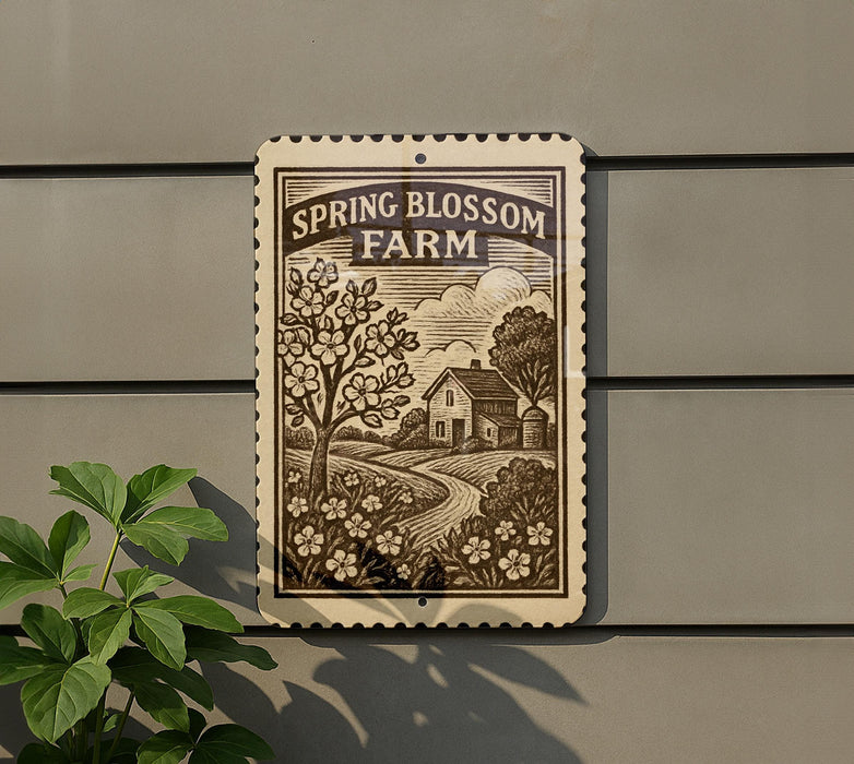 a sign for Spring Blossom Farm, which is mounted on a wall.