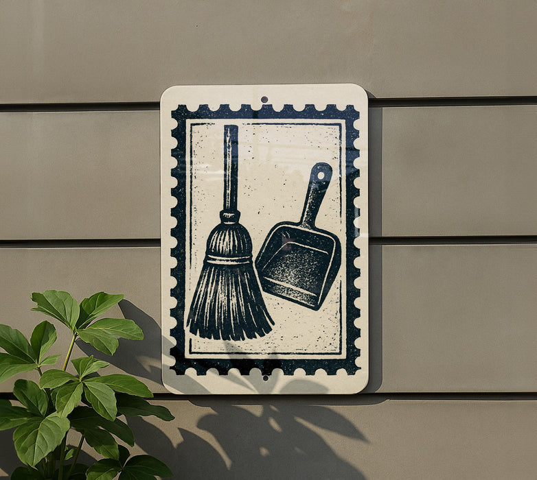 A sign with a broom and a dustpan on it, mounted on a wall.