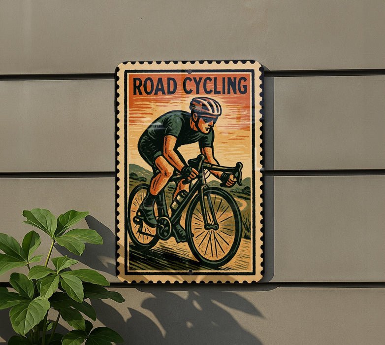 A vintage-style road cycling sign featuring a cyclist in action, mounted on a wall next to a plant.