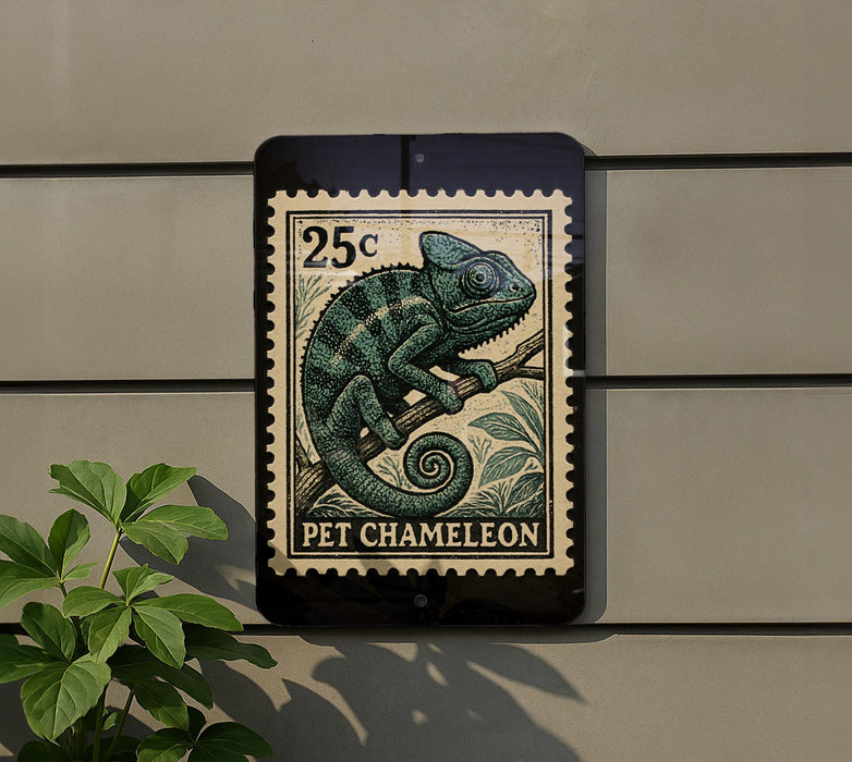 A 25c postage stamp featuring a chameleon is displayed on a wall, with a plant visible to the left.