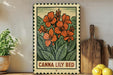 a framed illustration of a lily bed with vibrant orange flowers, placed on a shelf next to a wooden cutting board and a potted plant.