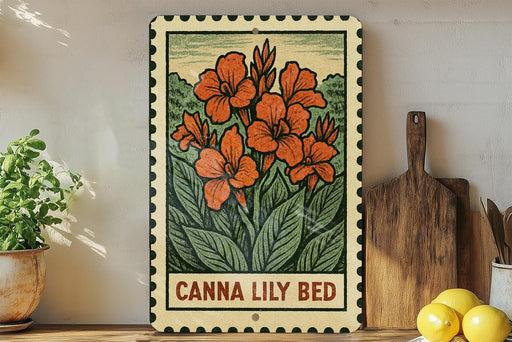 a framed illustration of a lily bed with vibrant orange flowers, placed on a shelf next to a wooden cutting board and a potted plant.