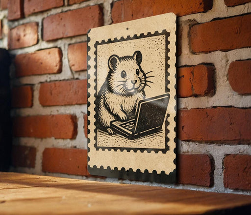 A metal sign featuring a cartoon image of a hamster sitting on a laptop computer, mounted on a brick wall.