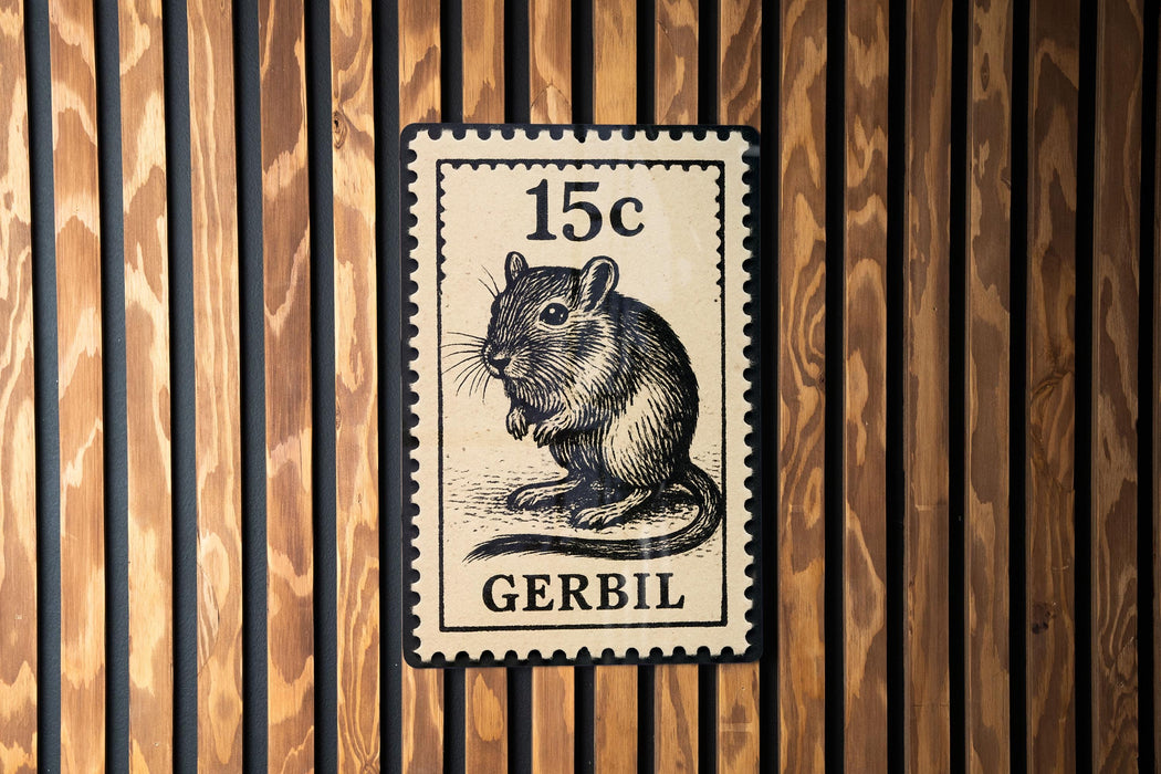 A postage stamp featuring a small rodent, likely a rat, is displayed on a wooden background.
