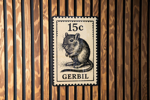 A postage stamp featuring a small rodent, likely a rat, is displayed on a wooden background.
