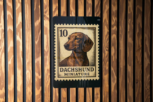 A Dachshund miniature postage stamp is displayed on a wooden wall.
