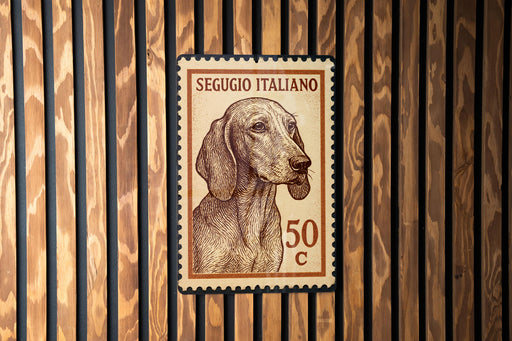 A postage stamp featuring a dog's head, with the text "SEUGUIO ITALIANO" and the denomination "50 C" printed on it.