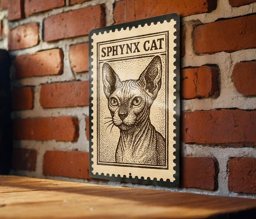 A framed image of a Sphynx cat is displayed on a brick wall.