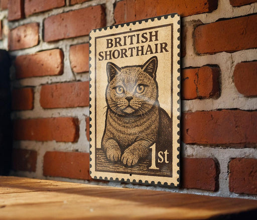 A British Shorthair cat is depicted on a wooden surface, with a British postage stamp featuring the cat prominently displayed.