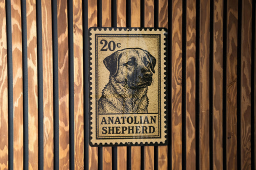 A 20c postage stamp featuring an Anatolian Shepherd dog is displayed on a wooden wall.