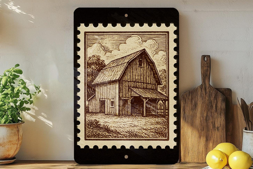a wooden barn with a porch, surrounded by various kitchen utensils and a potted plant.